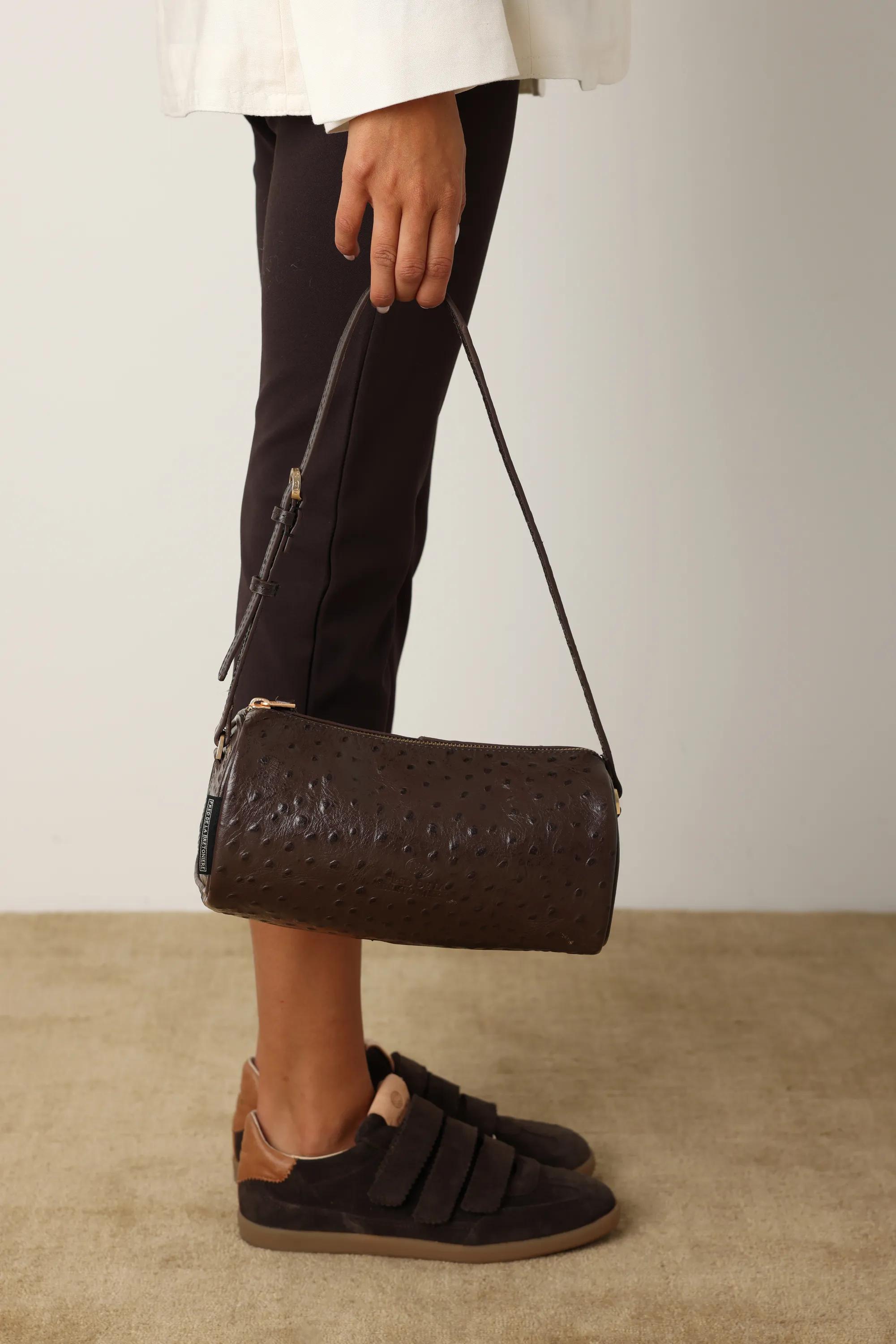 LIVIA SHOULDERBAG Ostrich print leather Brown