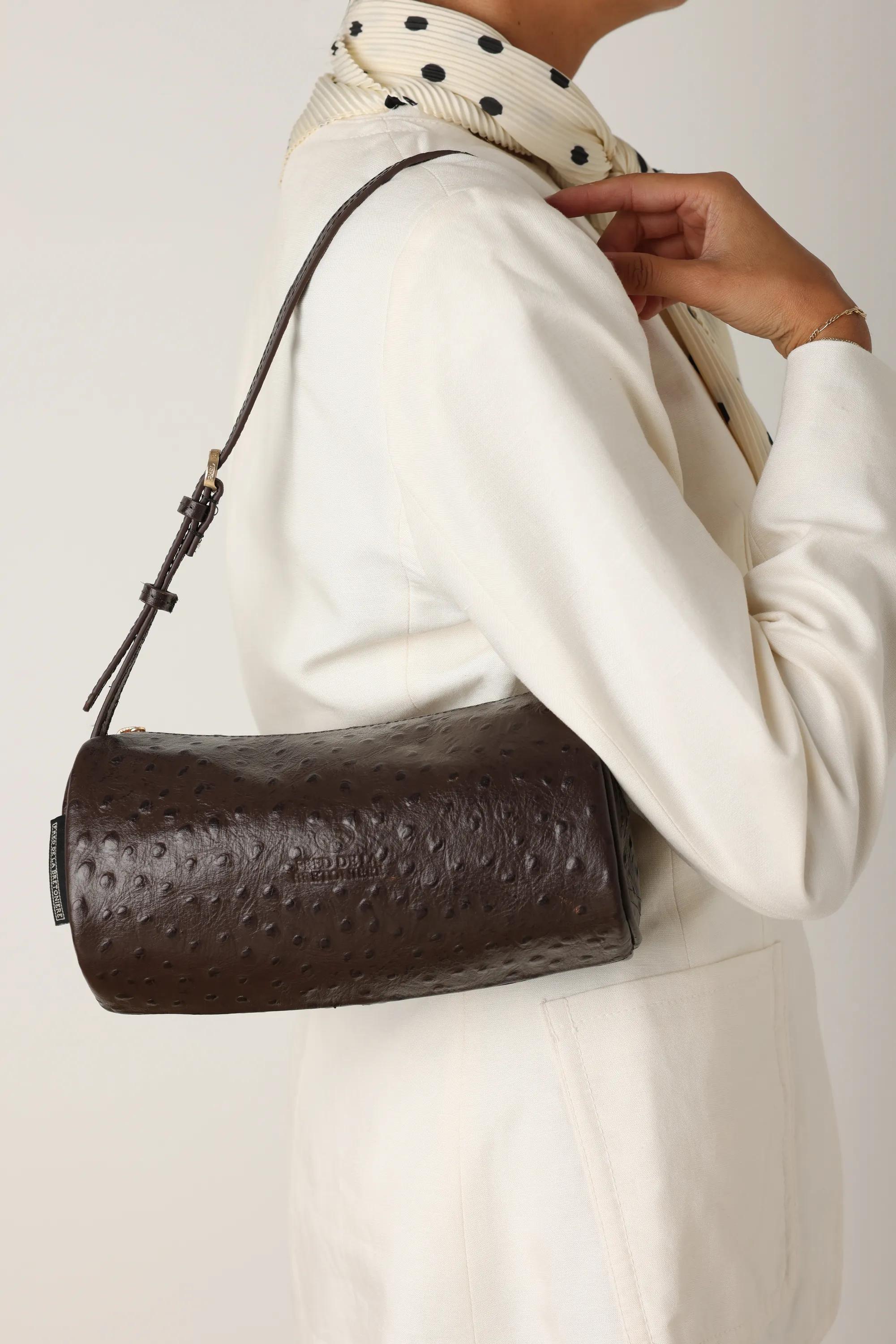 LIVIA SHOULDERBAG Ostrich print leather Brown
