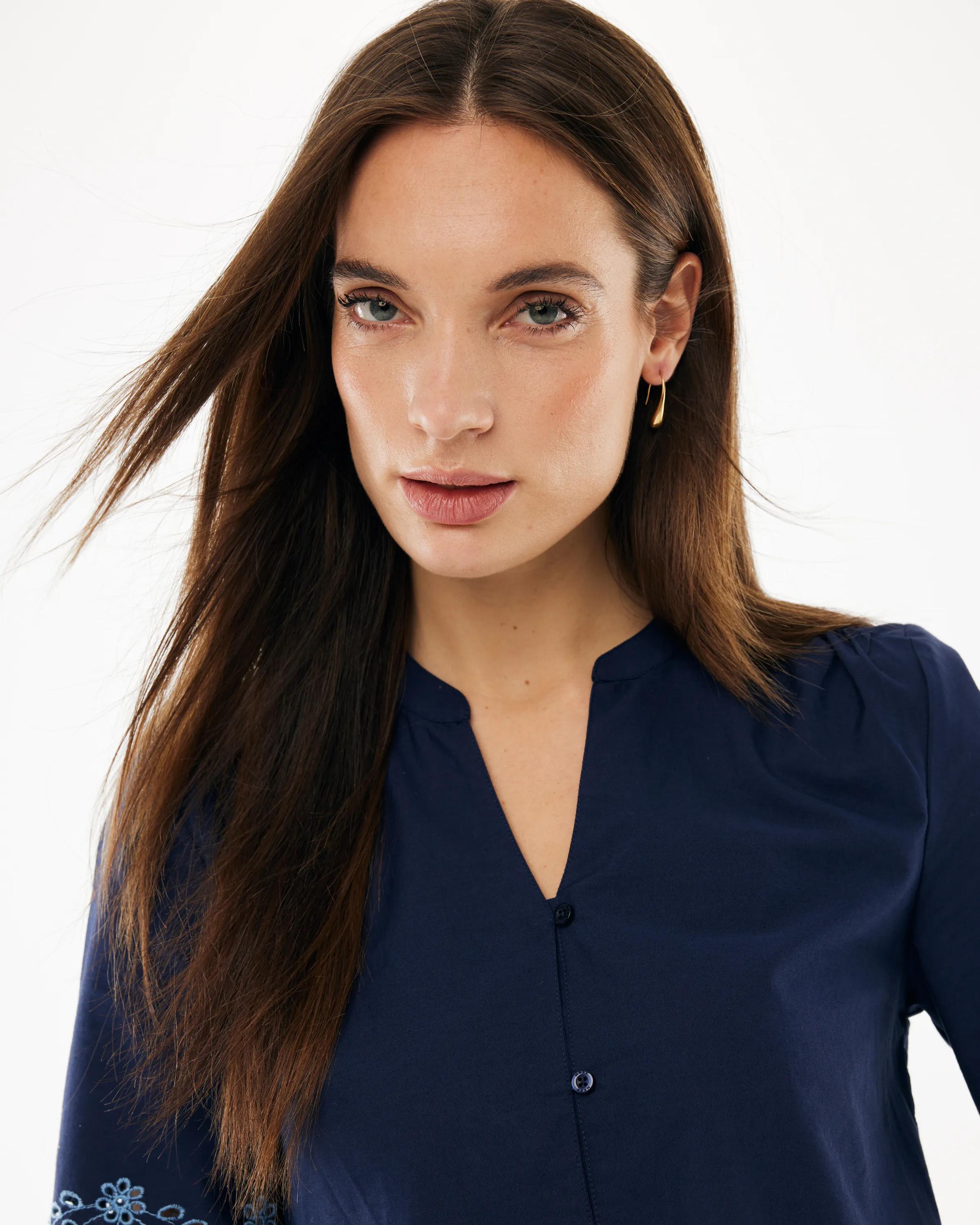 Popeline-Bluse Mit Stickerei Mitternachtsblau