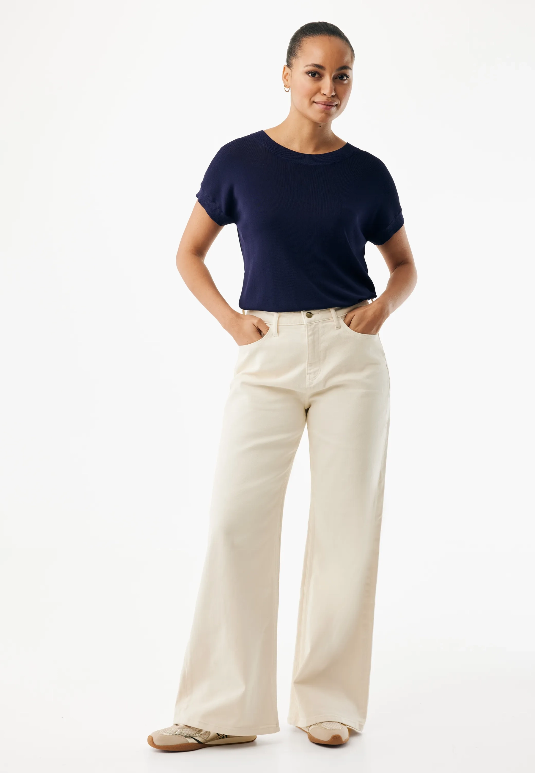Denim Broek Wide Leg Met Gevlochten Riem Off White