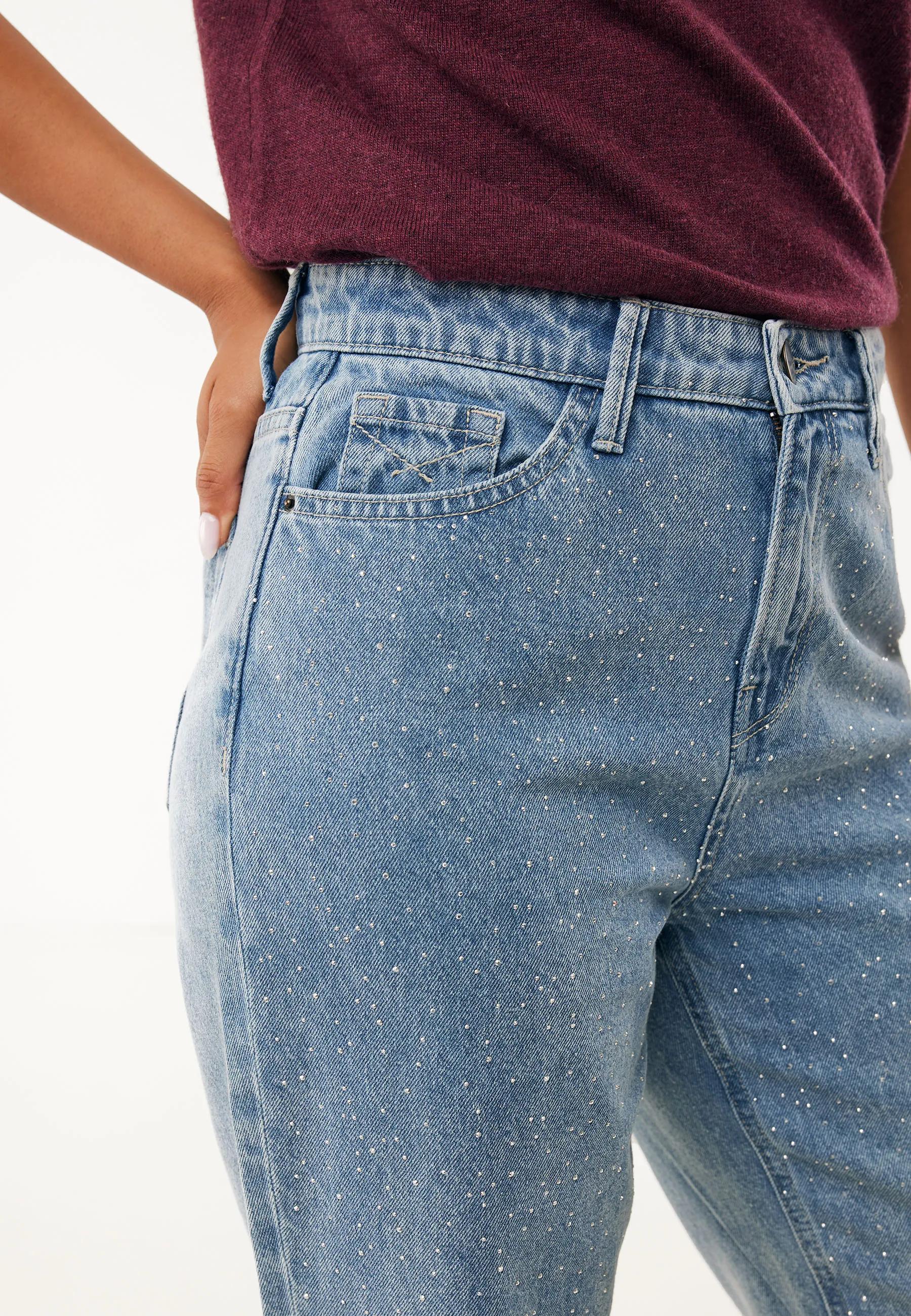 90er Straight Strass-Jeans Light Stone