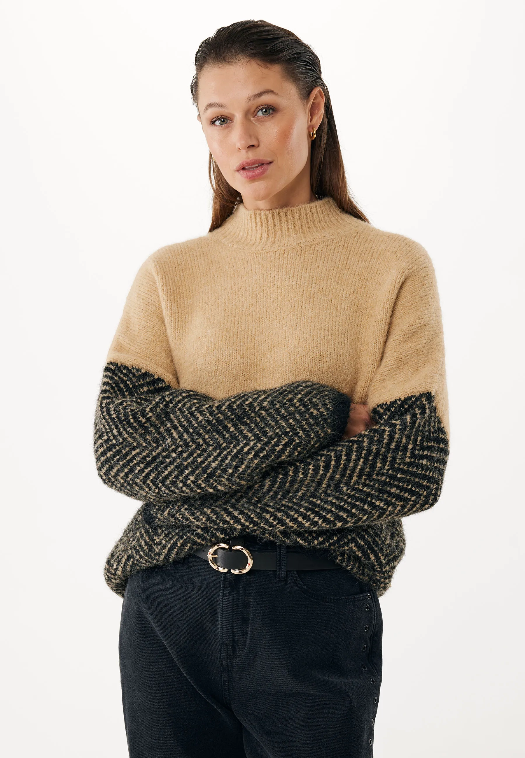 Herringbone colpullover Tan