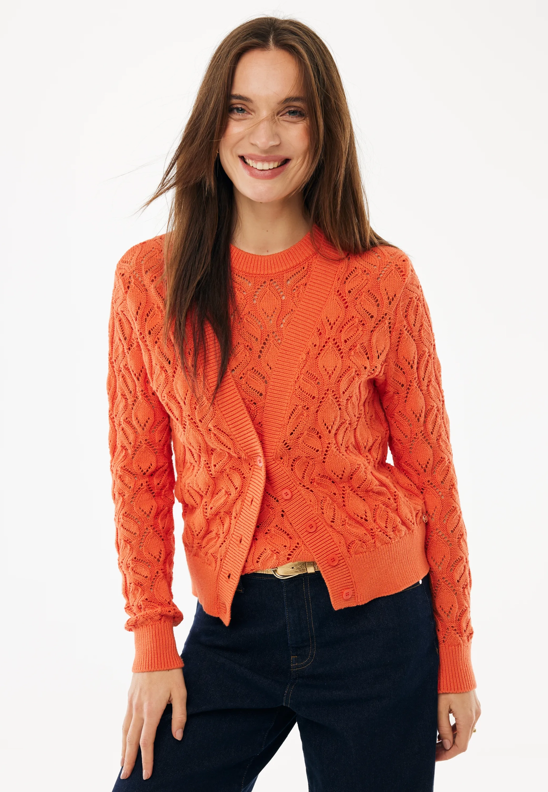 Gebreid Vest Met Bloemmotief Zacht Oranje