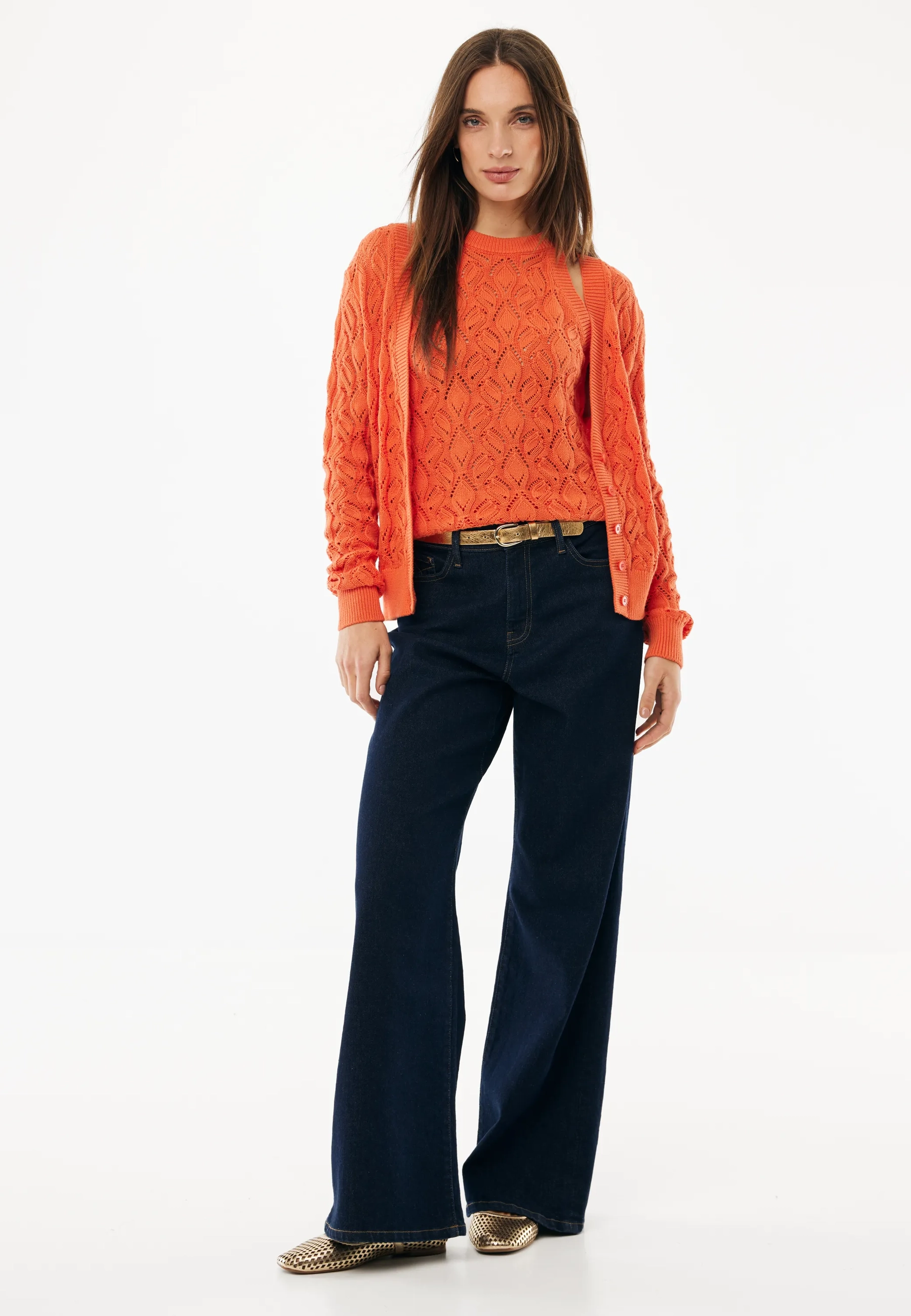 Gebreid Vest Met Bloemmotief Zacht Oranje