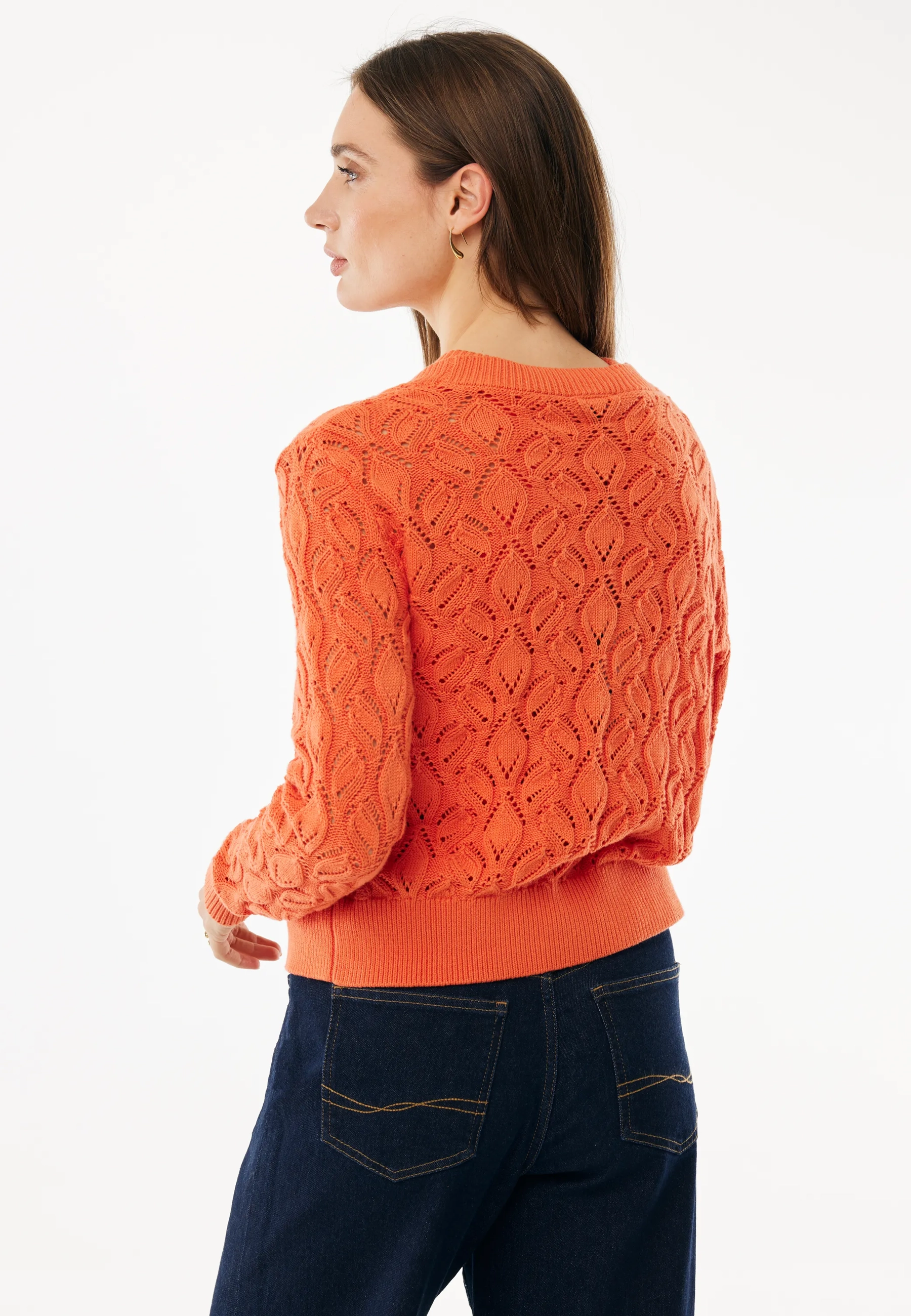 Gebreid Vest Met Bloemmotief Zacht Oranje