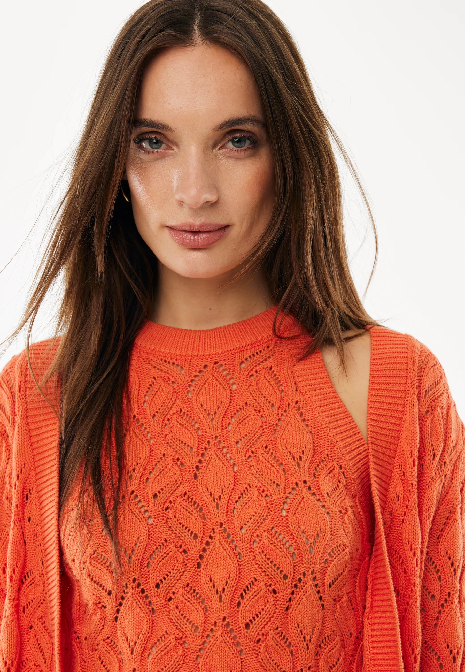 Gebreid Vest Met Bloemmotief Zacht Oranje