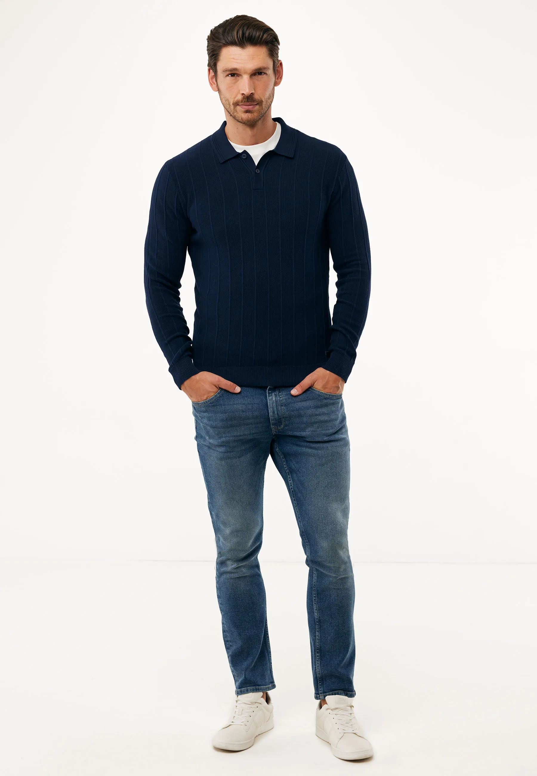 Gebreide gestreepte polo Mid navy