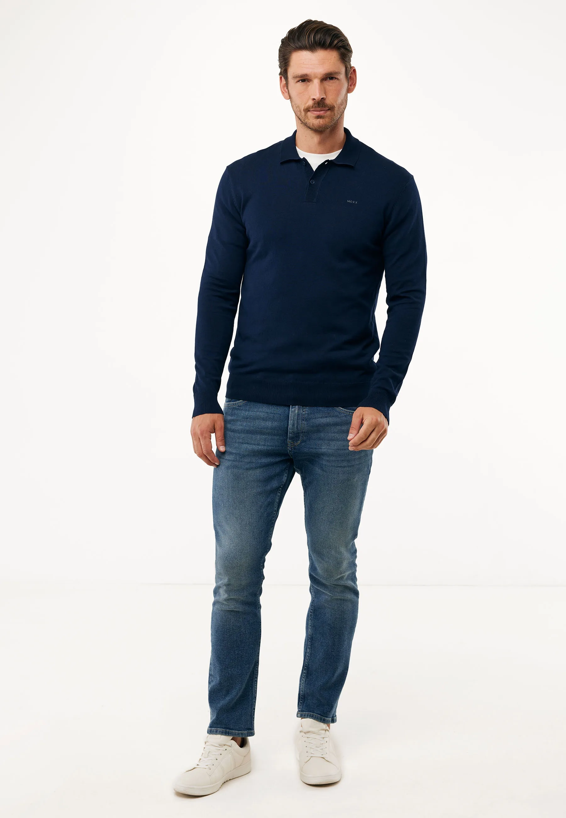 Andes gebreide polo lange mouw Mid navy