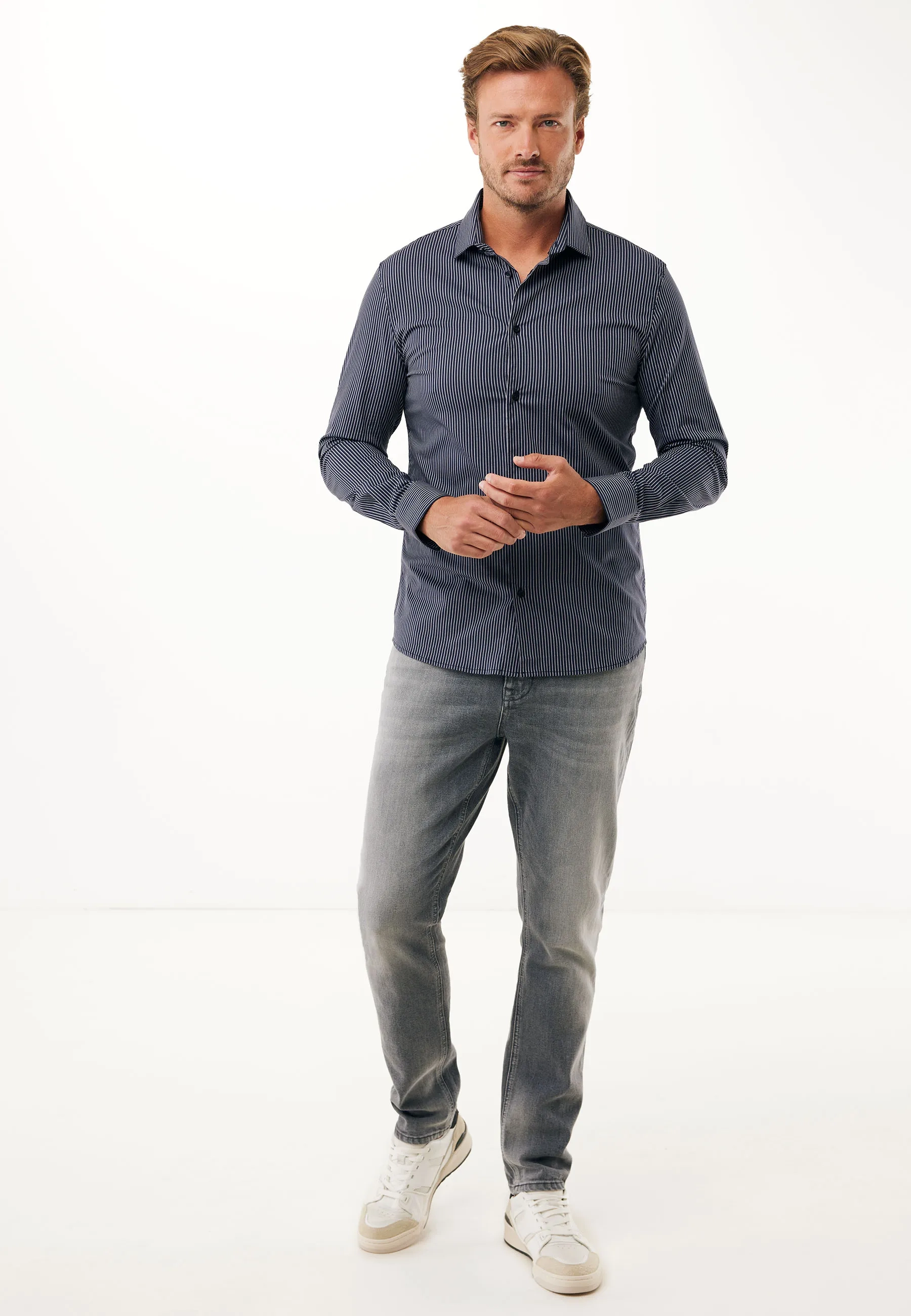 Aneto striped easy iron overhemd Blue indigo