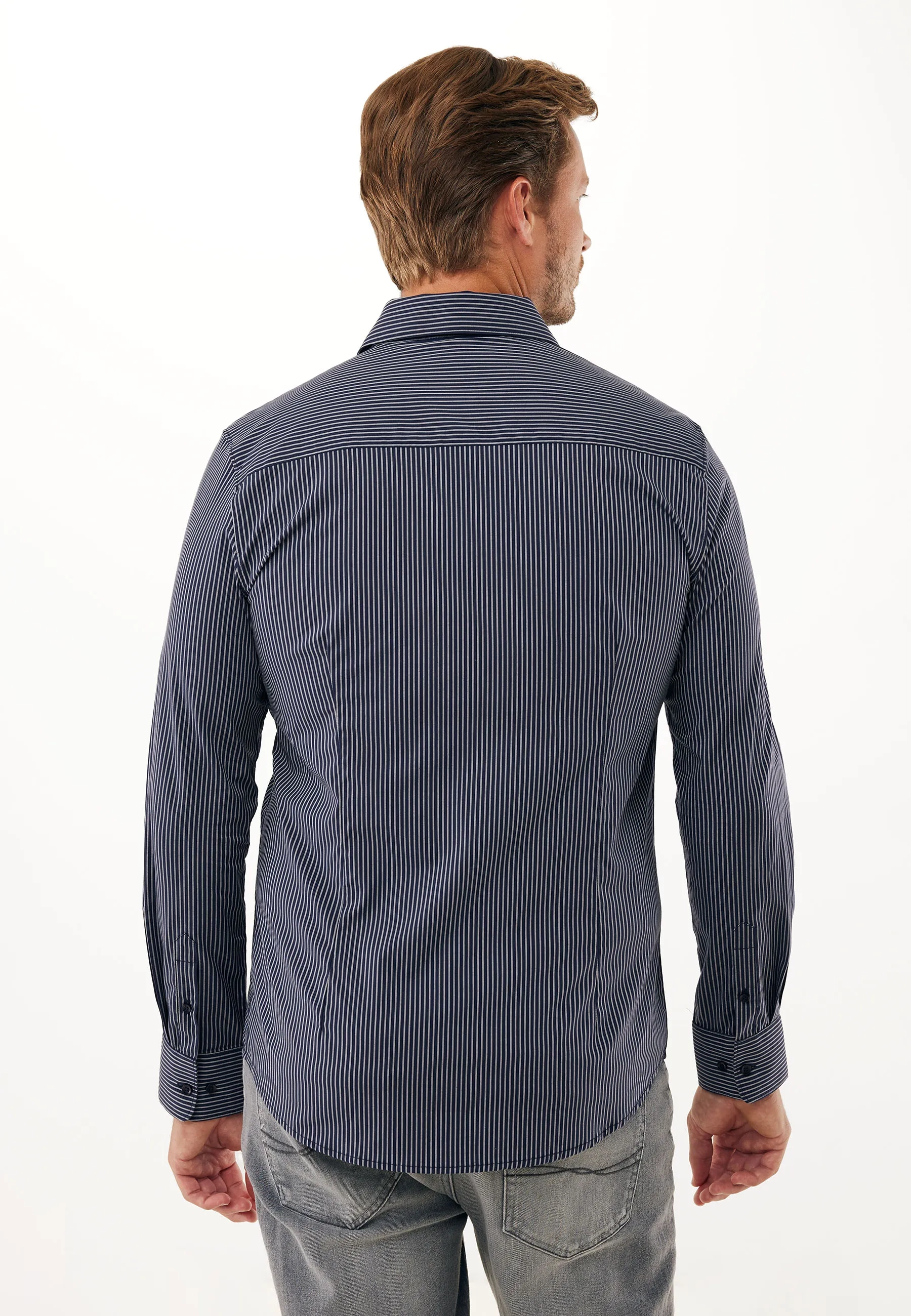 Aneto striped easy iron overhemd Blue indigo