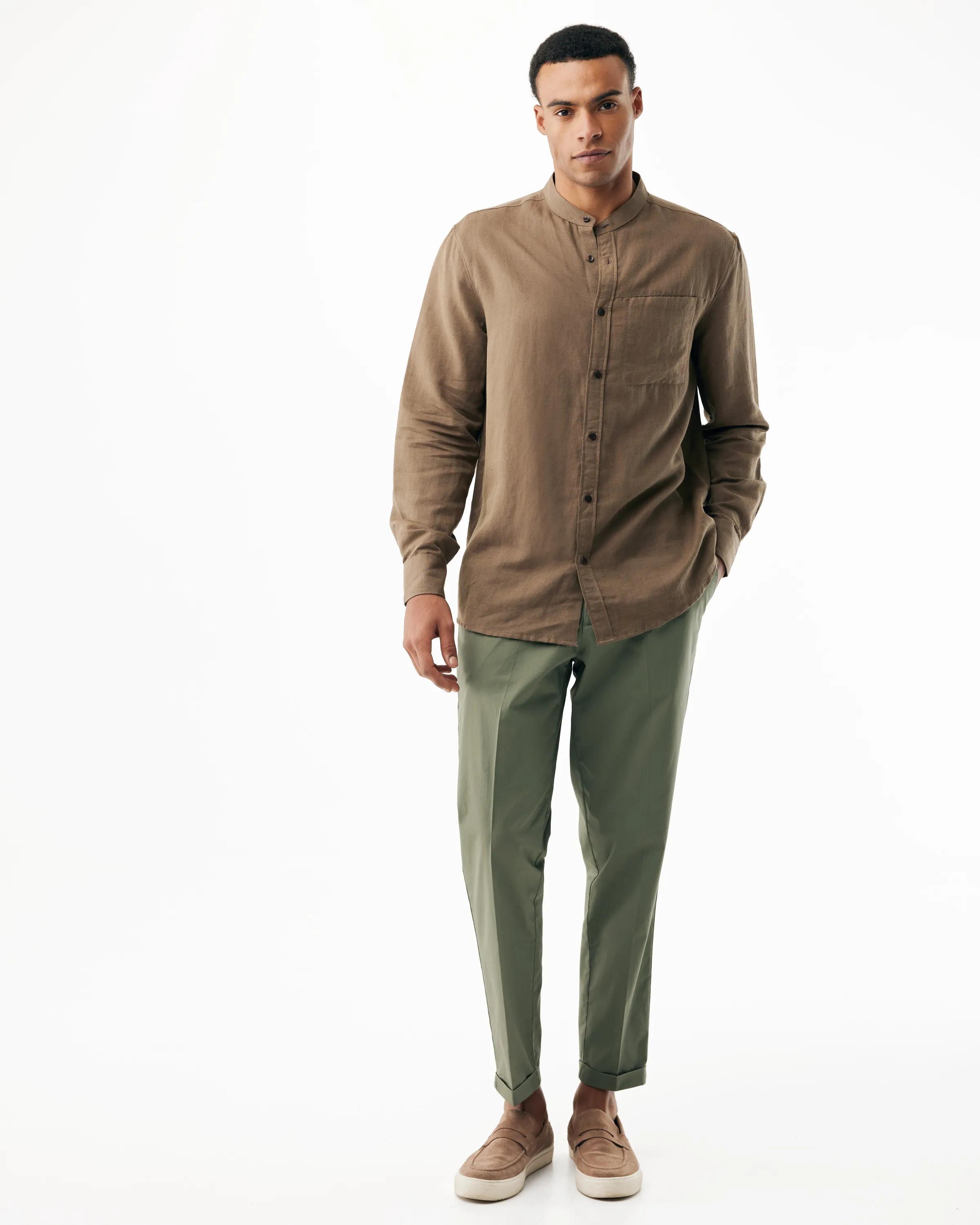 Mao Collar Linen Shirt Mid Brown