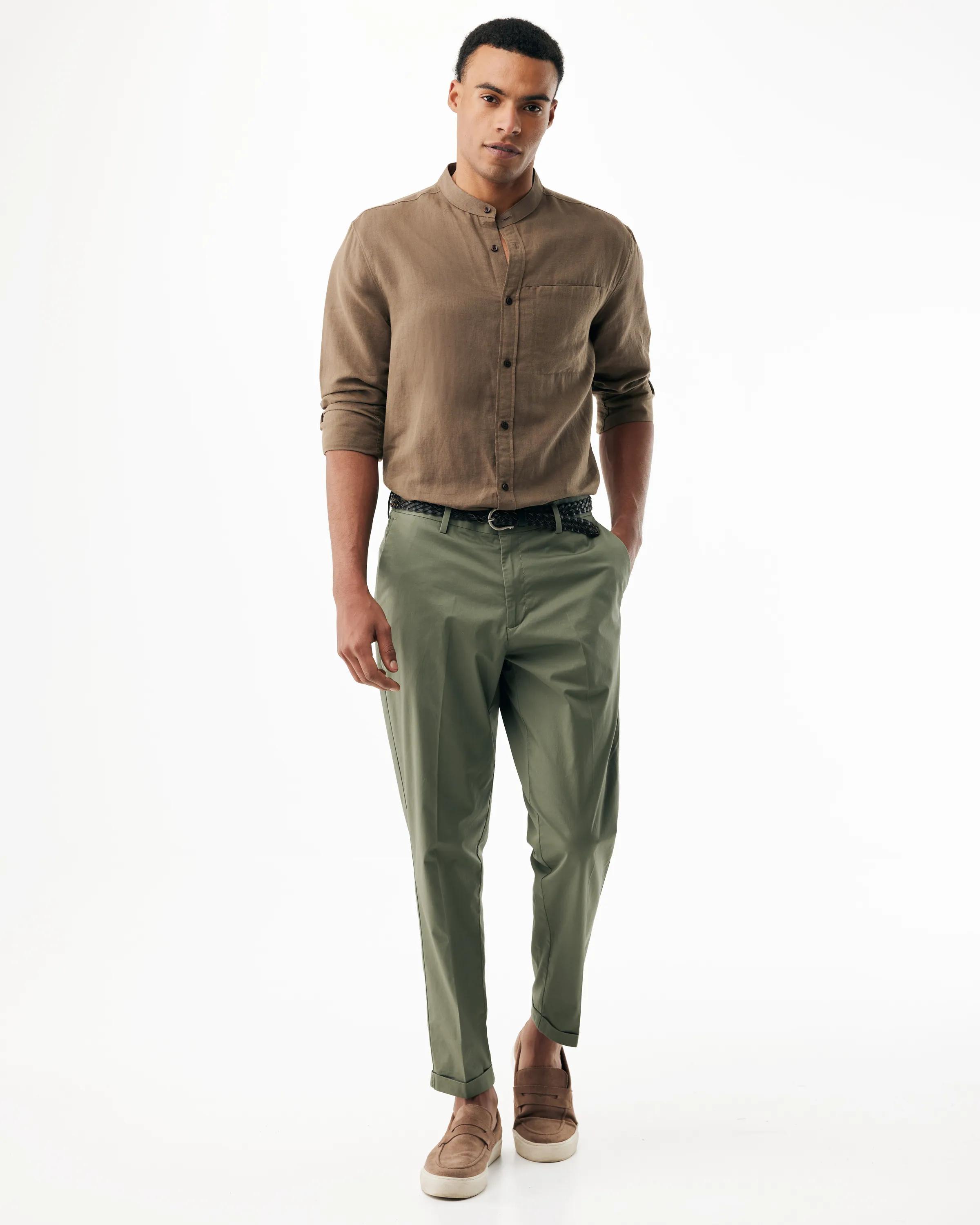 Mao Collar Linen Shirt Mid Brown