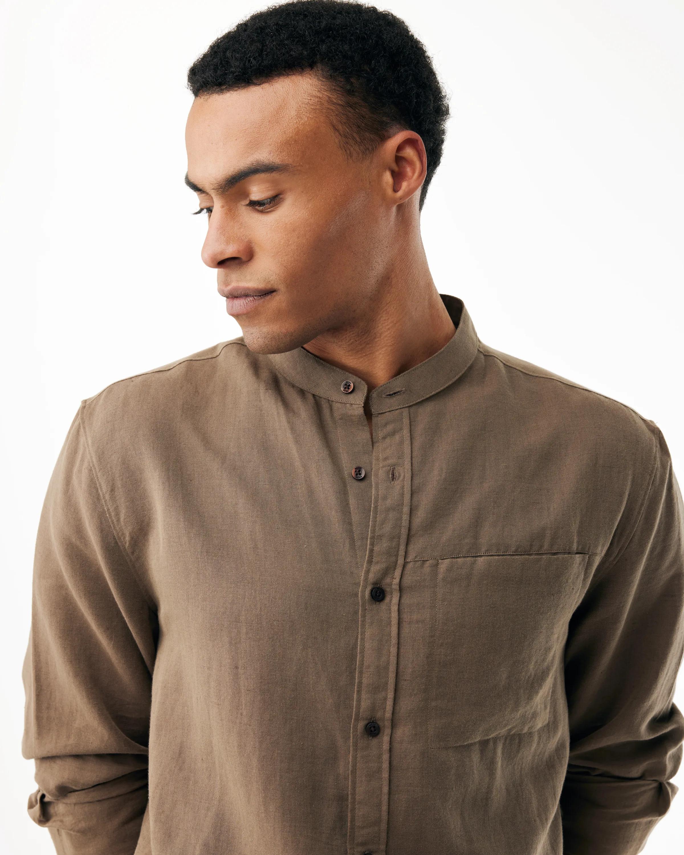Mao Collar Linen Shirt Mid Brown