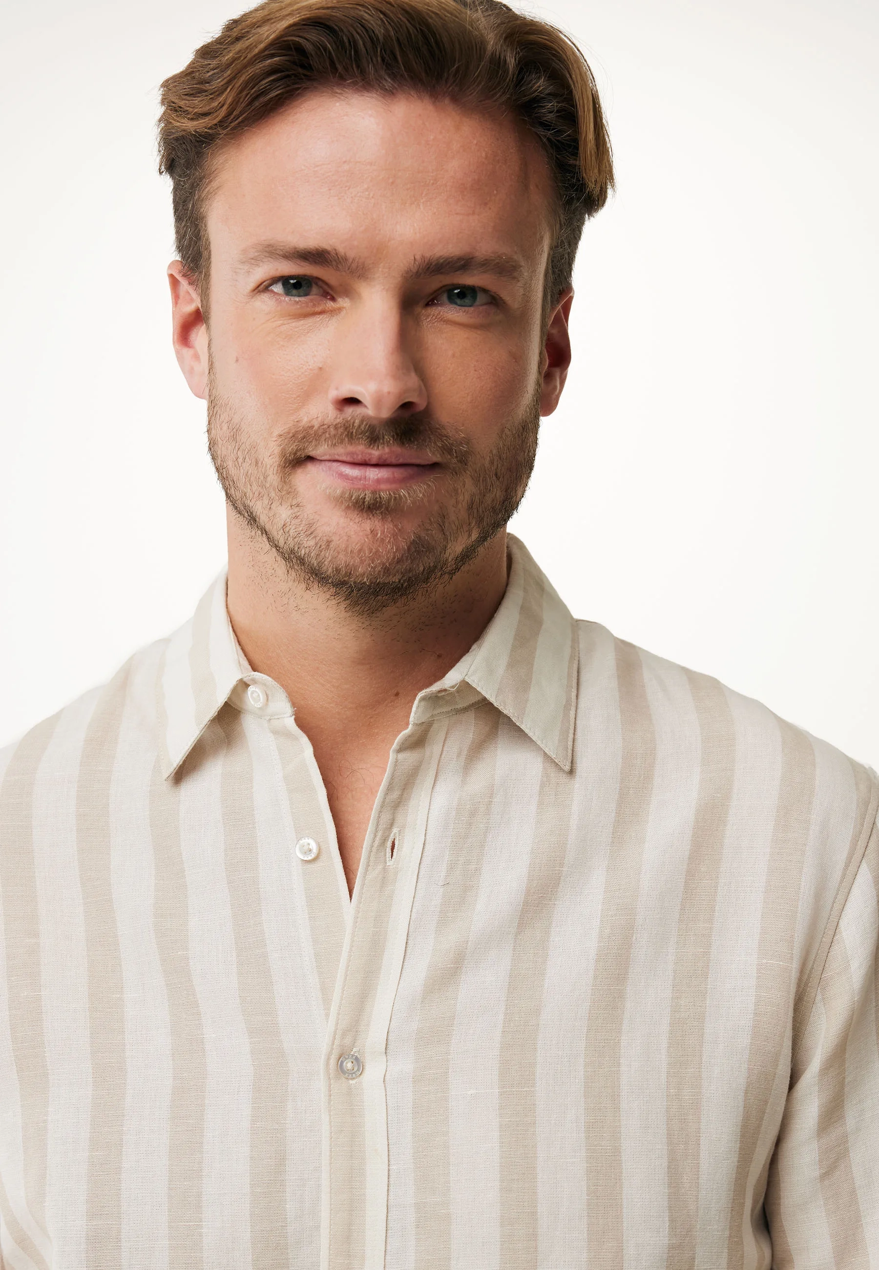 Gestreept linnenmix overhemd Zand