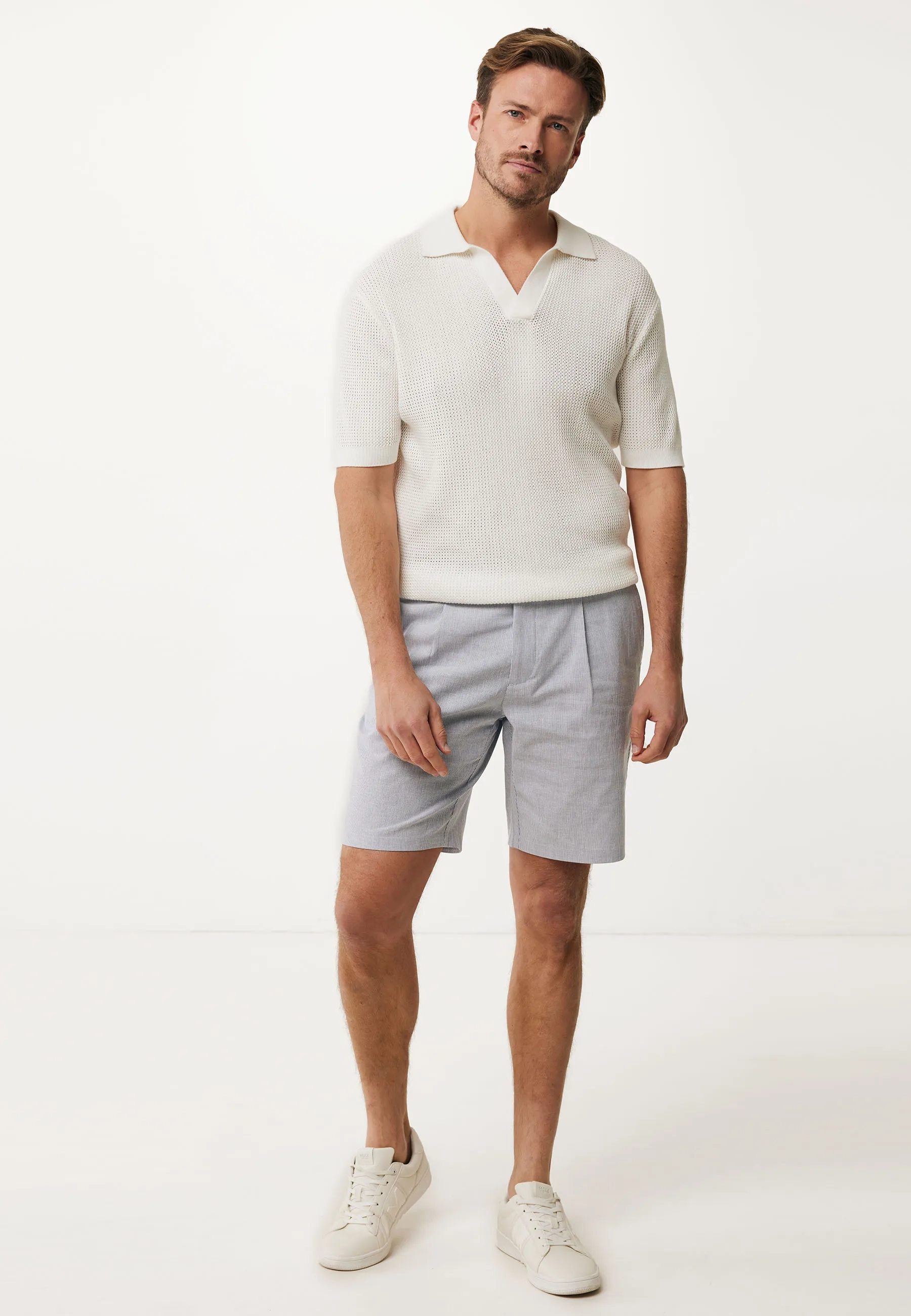 Gestreepte linnenmix shorts Faded blauw