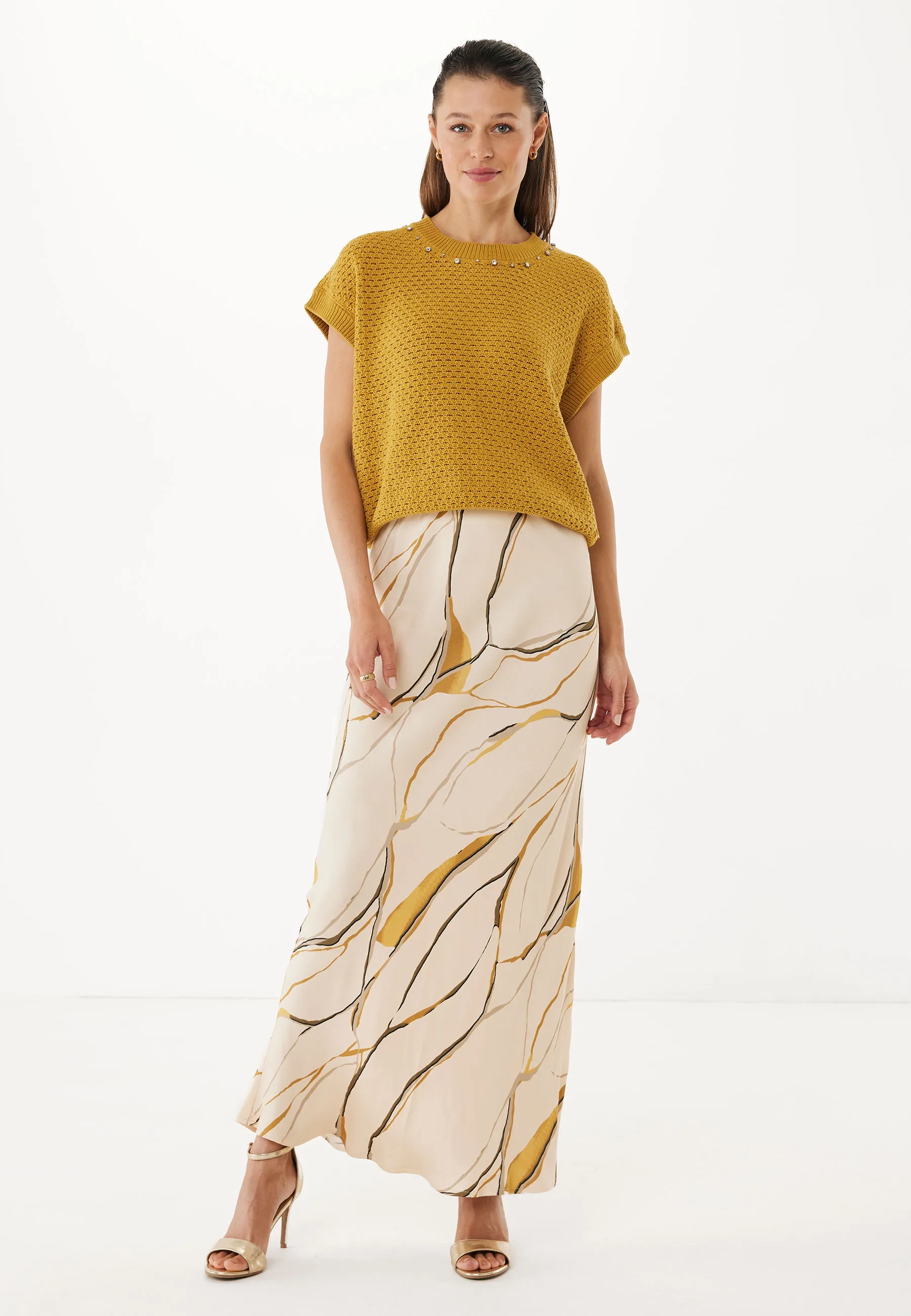 Satijn Geprinte Maxi Rok Beige