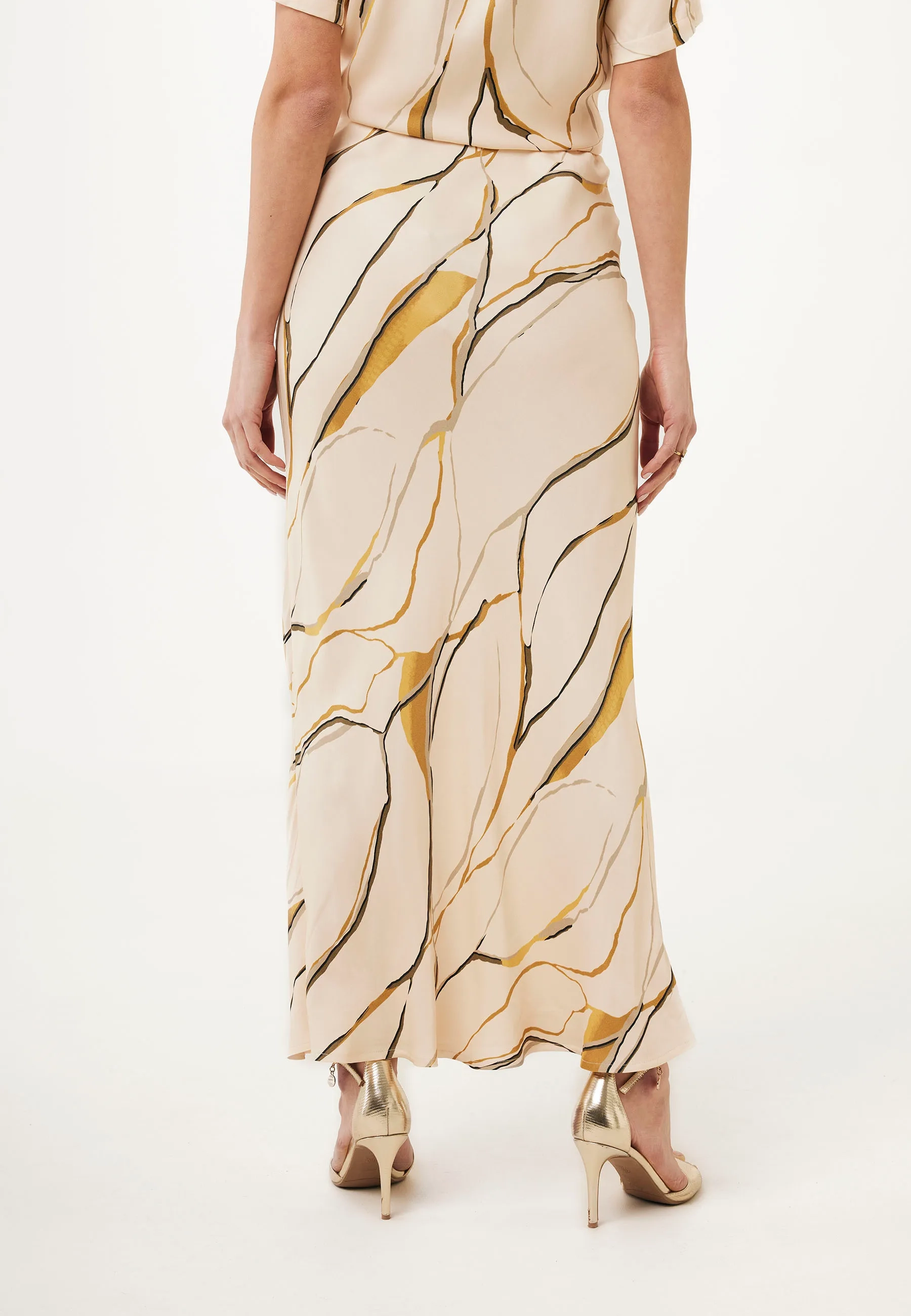 Satijn Geprinte Maxi Rok Beige