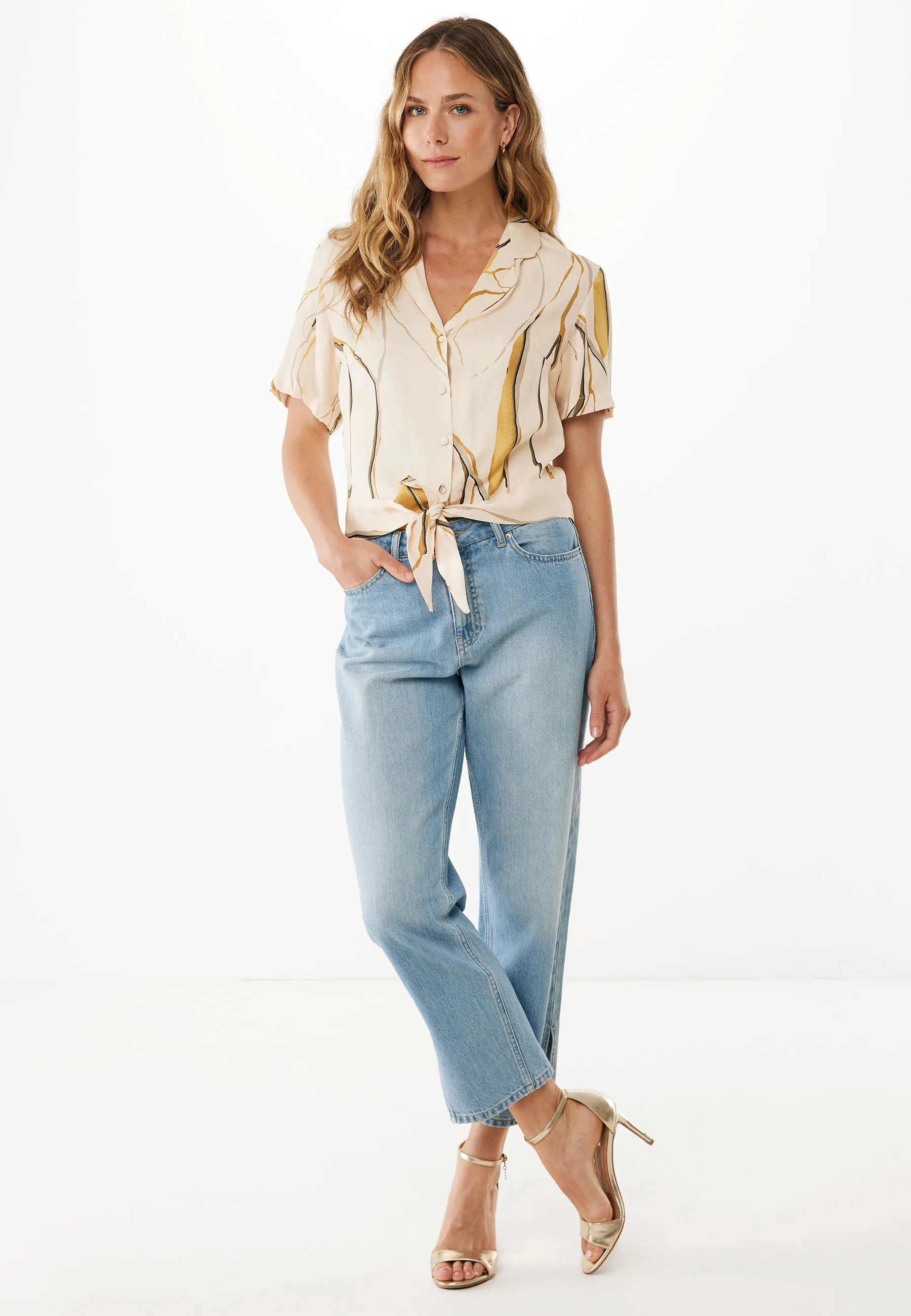 Geweven Top Allover Print Beige