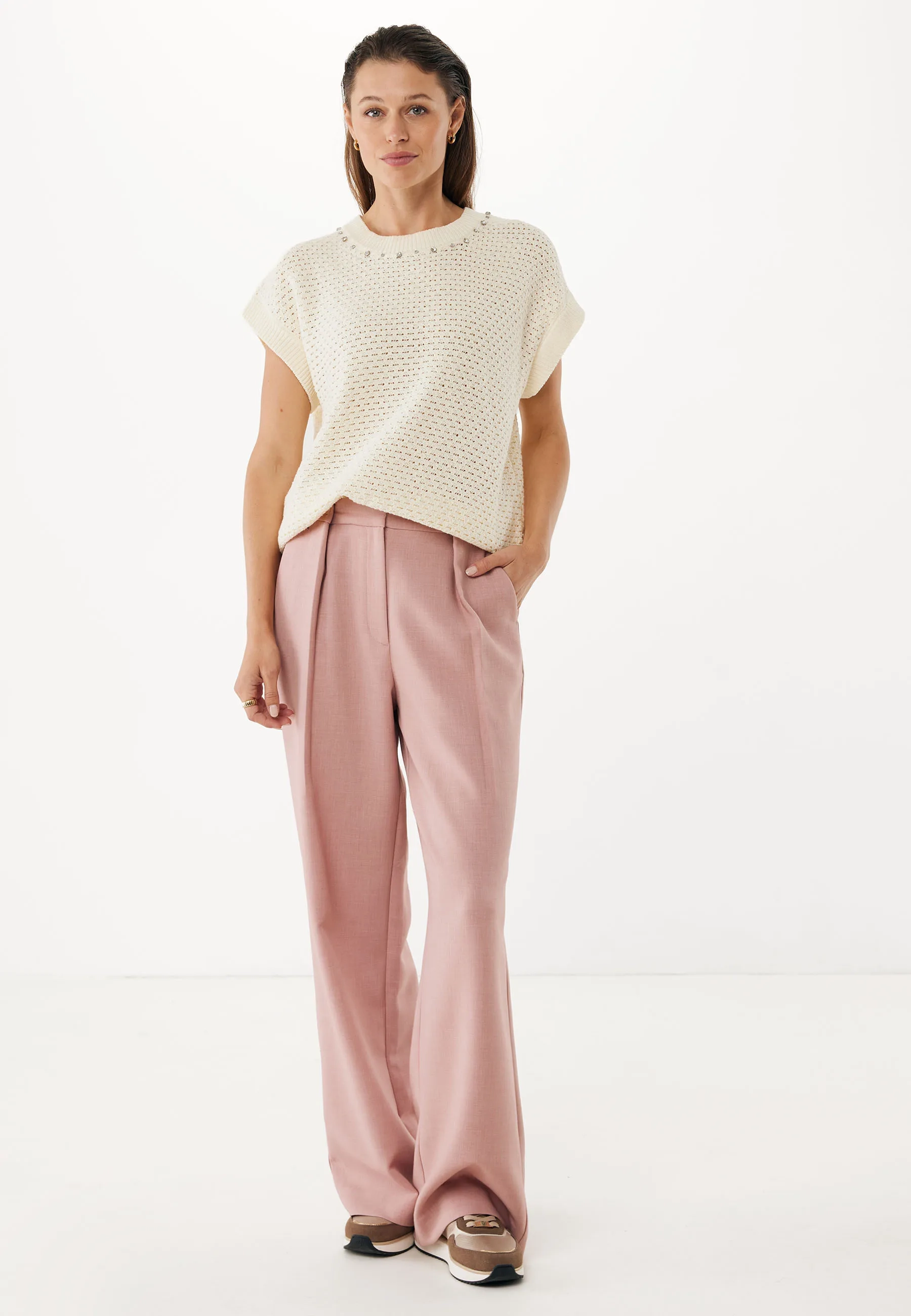 Gebreide spencer met studs Crème