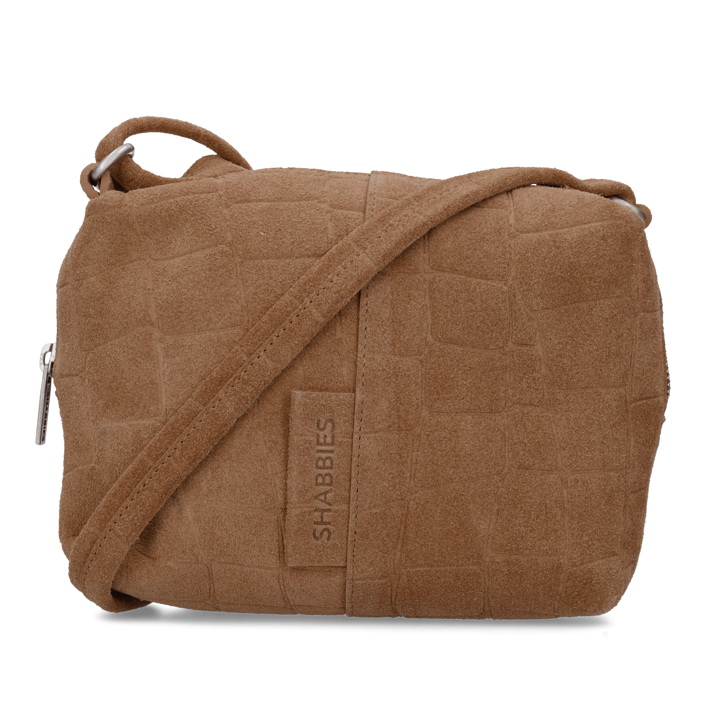 Saar Crossbody Croco Print Suede Cognac