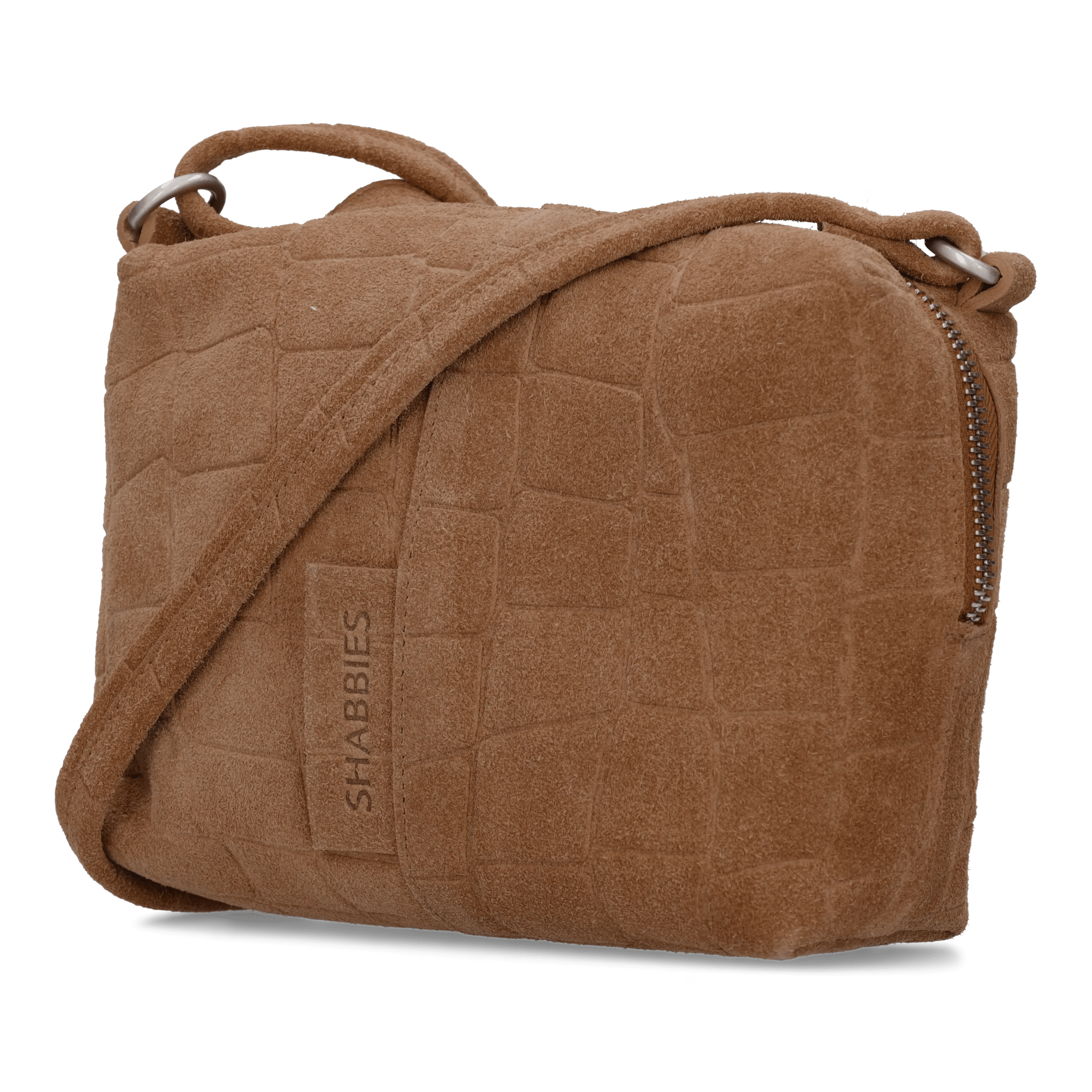 Saar Crossbody Croco Print Suede Cognac