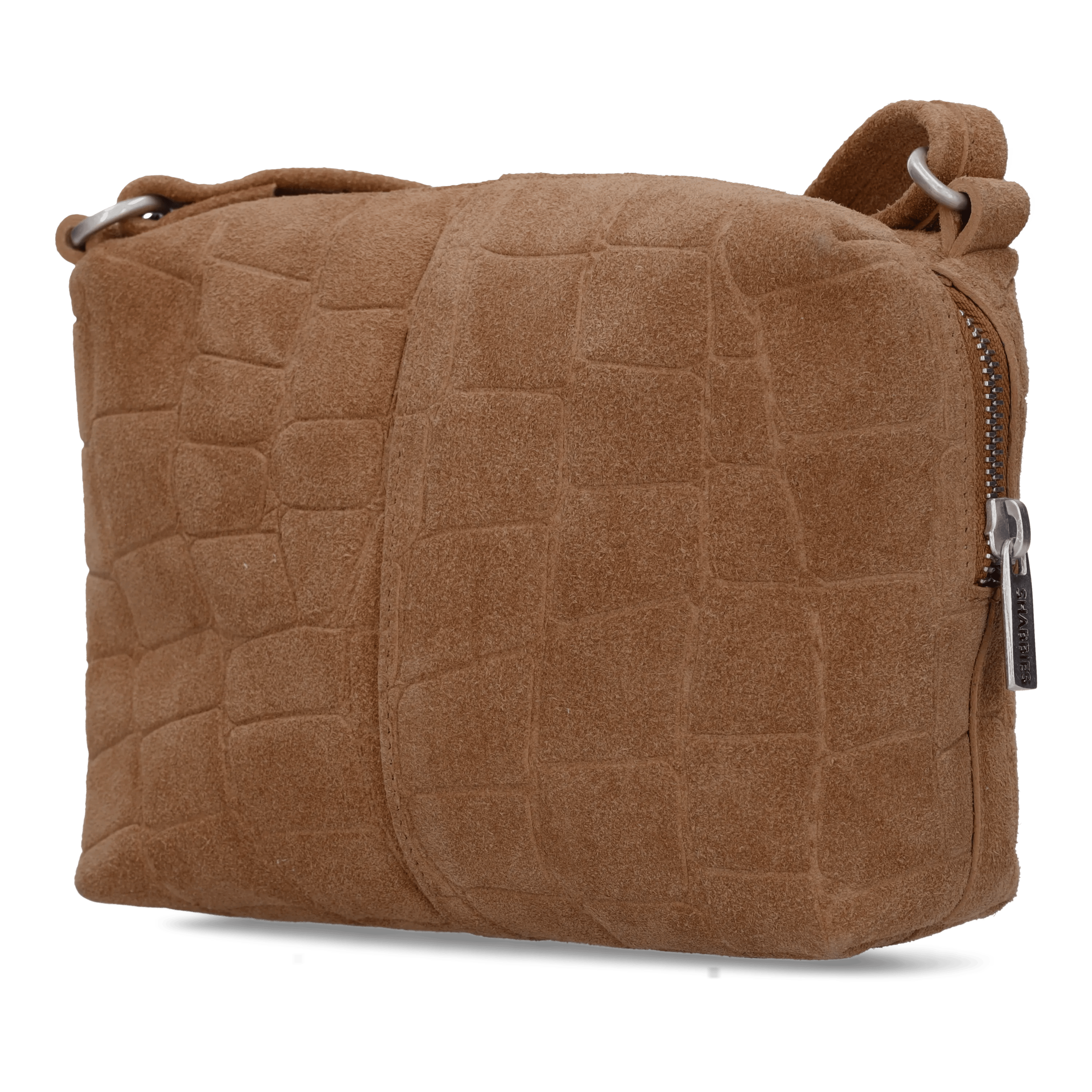 Saar Crossbody Croco Print Suede Cognac