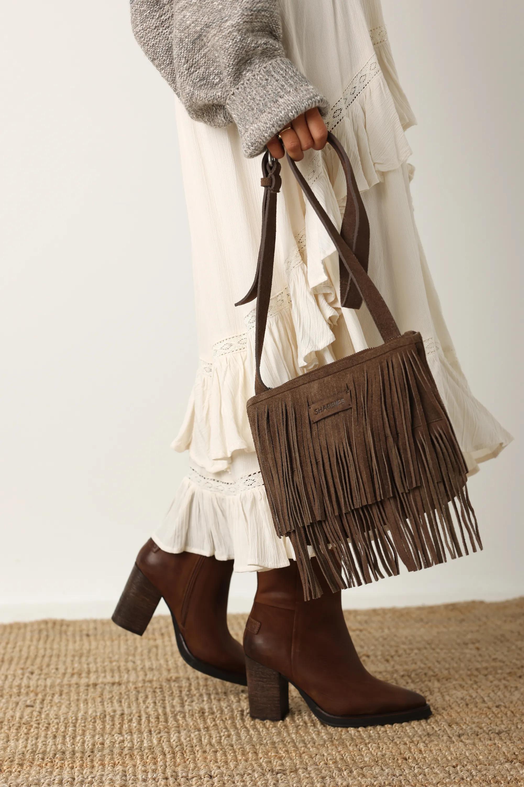 FESTIVAL FRINGE Crossbody oiled suede Taupe
