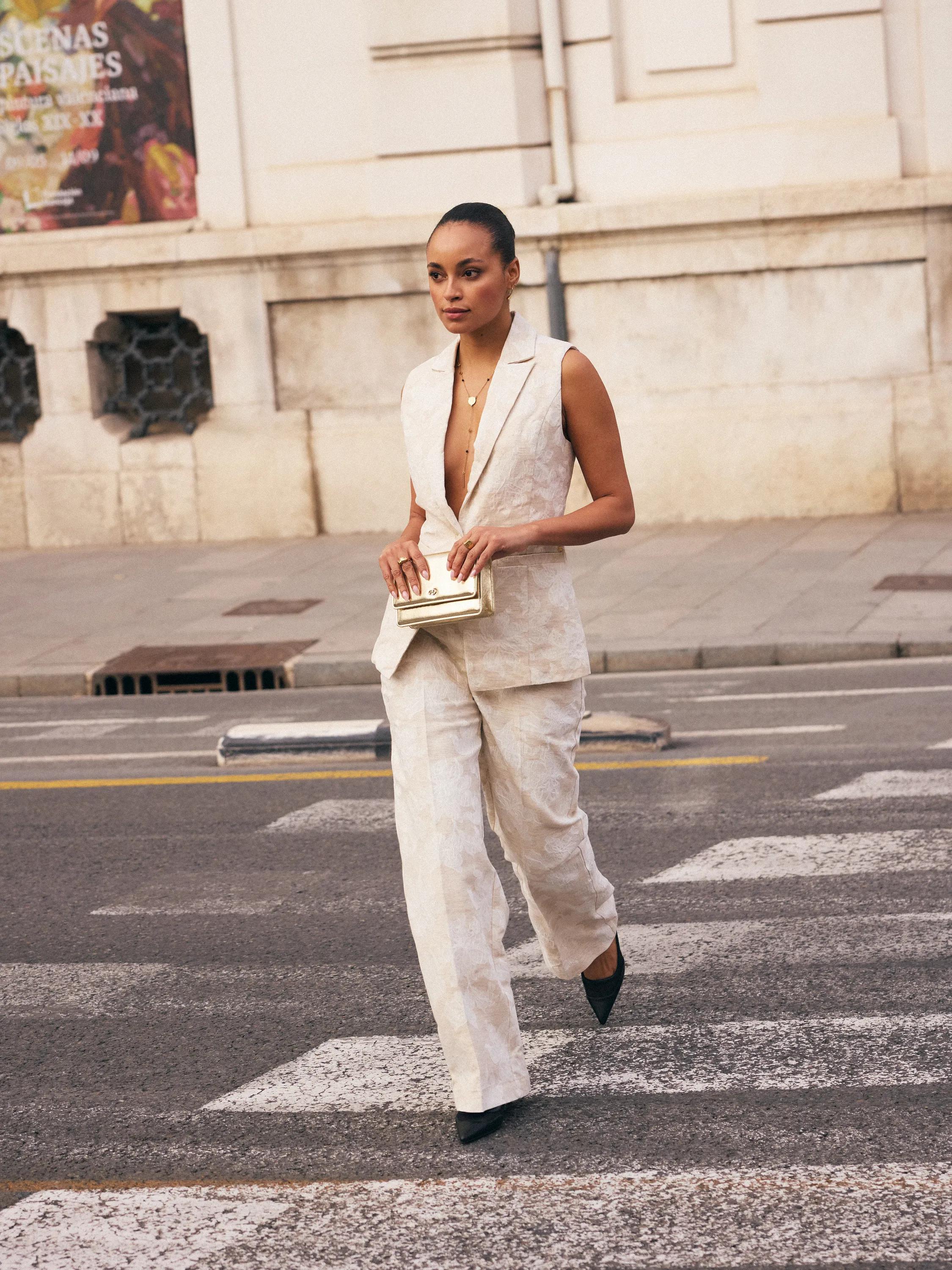 Flower Jacquard Pants Straight Leg Light Sand