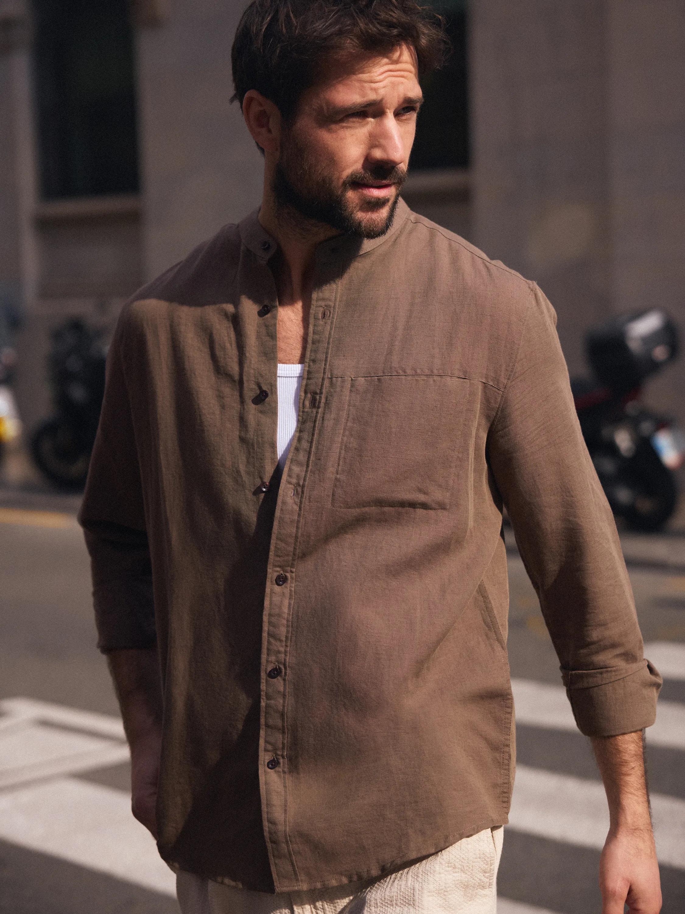 Mao Collar Linen Shirt Mid Brown