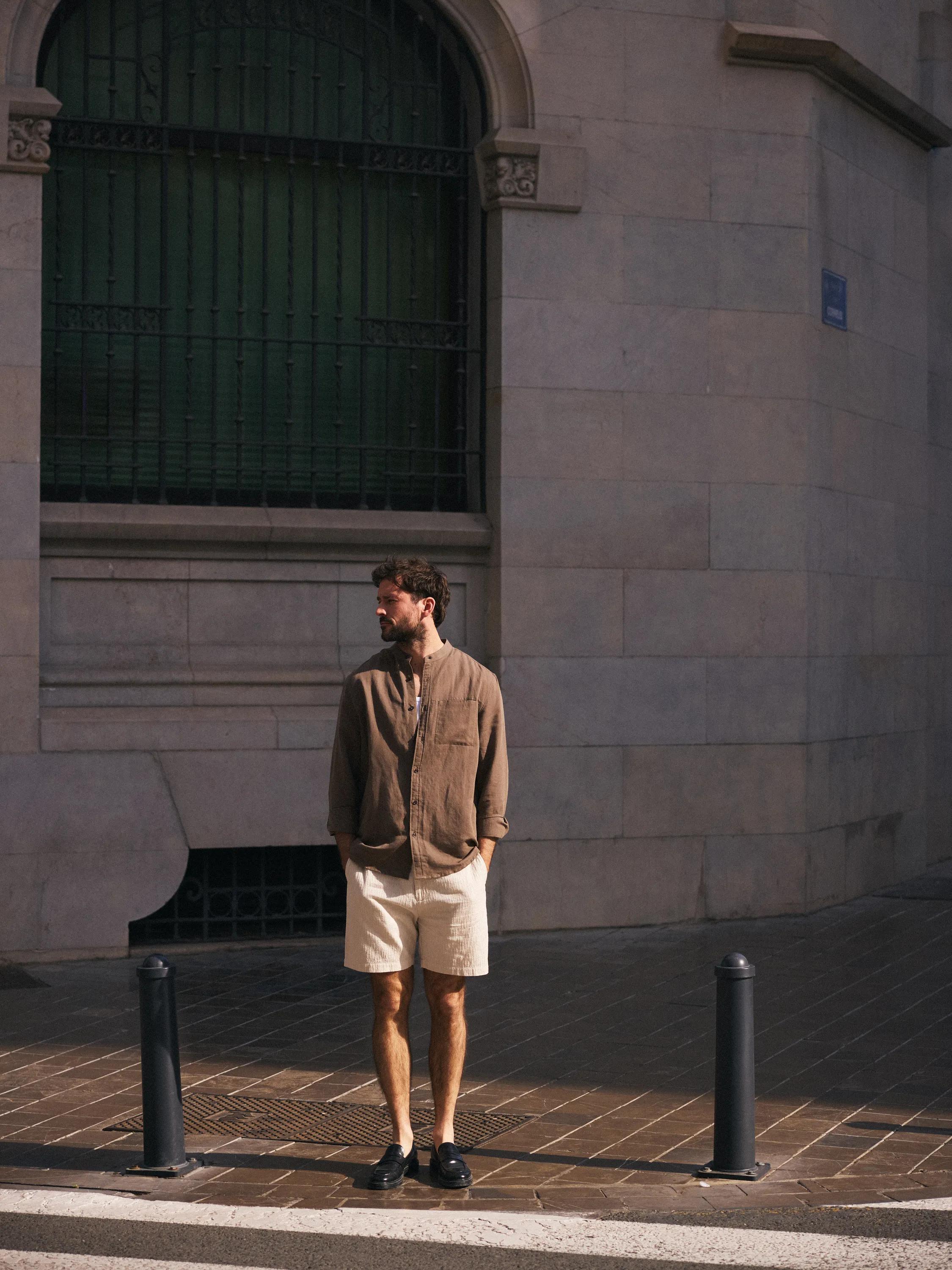 Mao Collar Linen Shirt Mid Brown