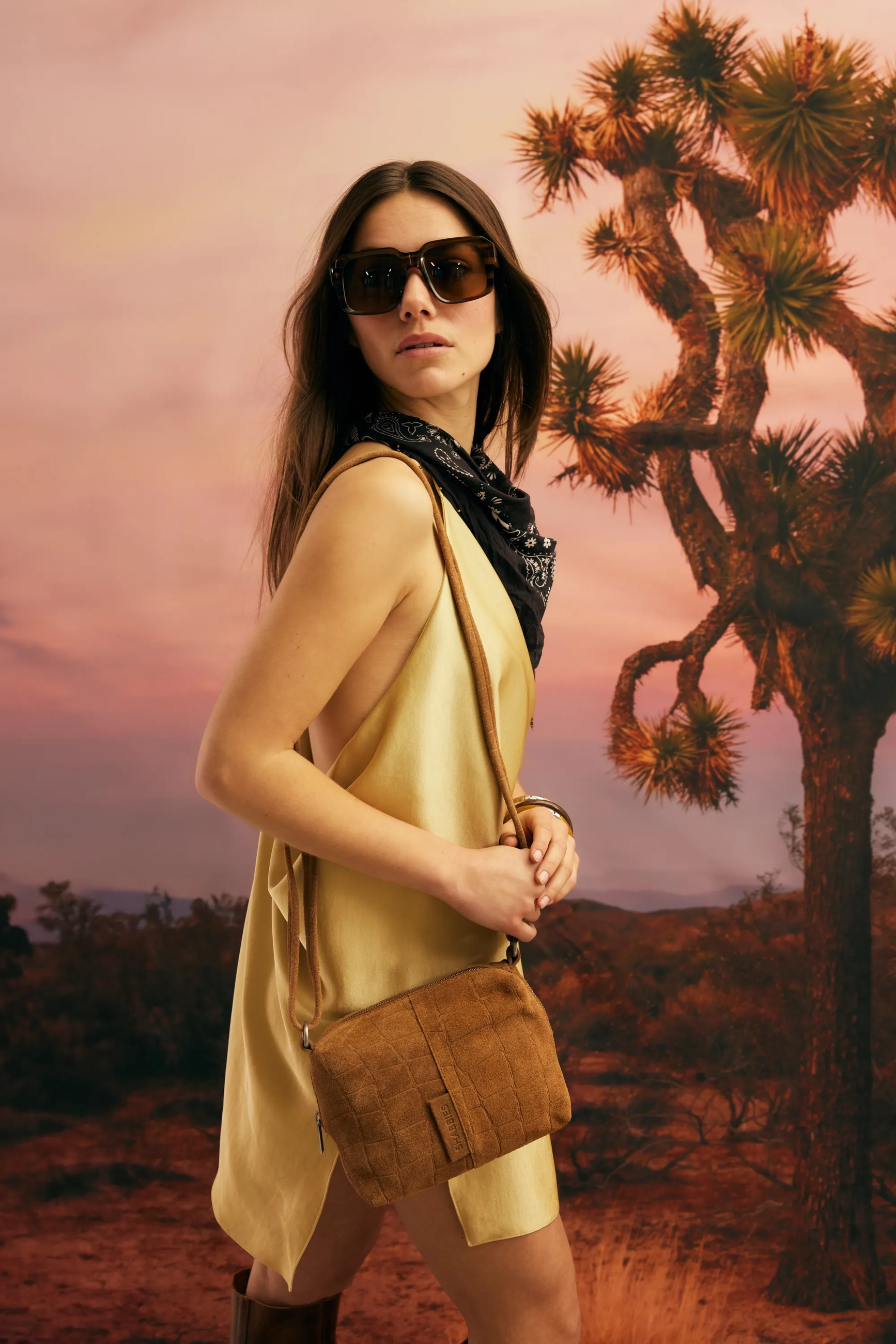 Saar Crossbody Croco Print Suede Cognac