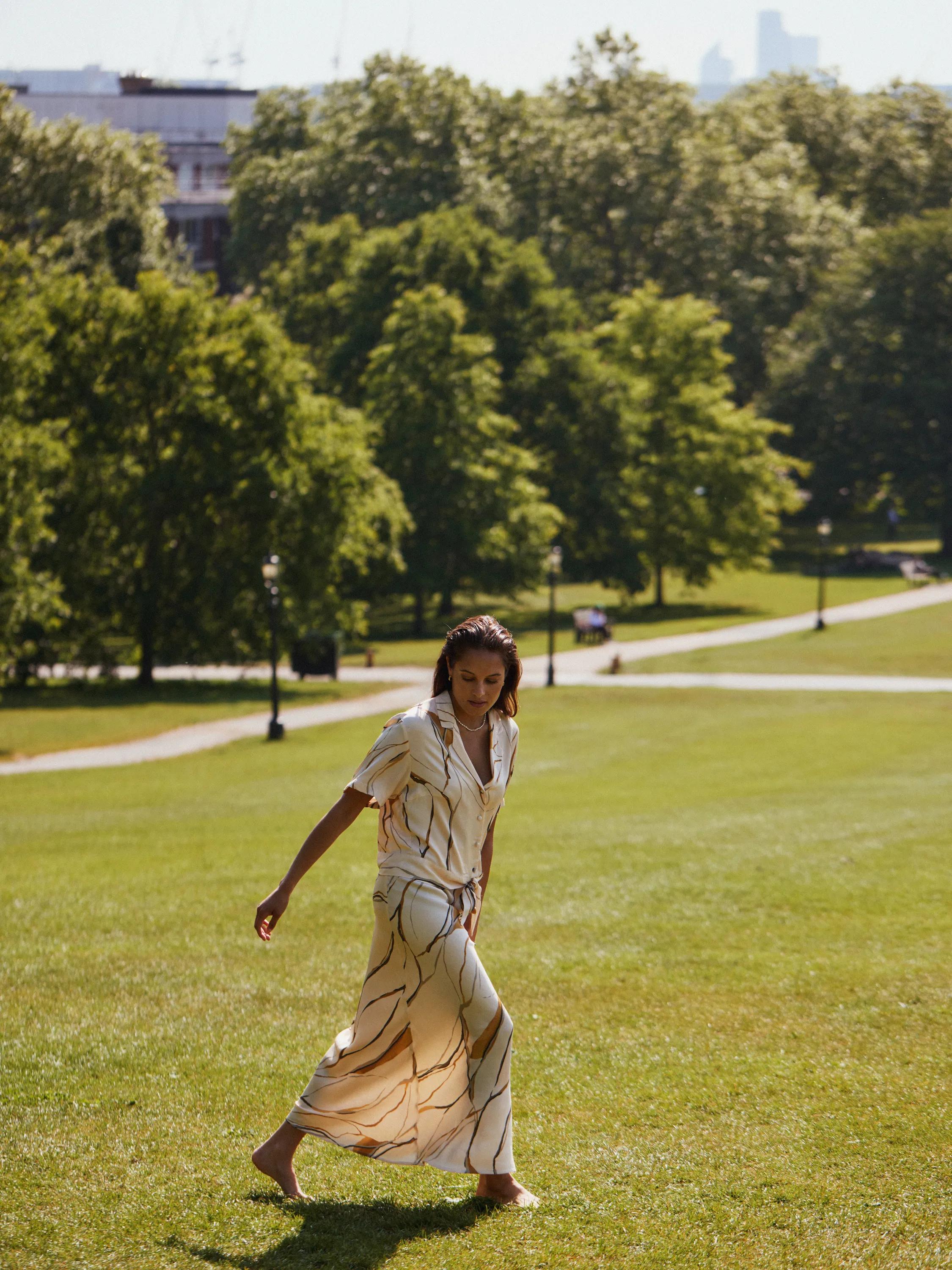 Satijn Geprinte Maxi Rok Beige