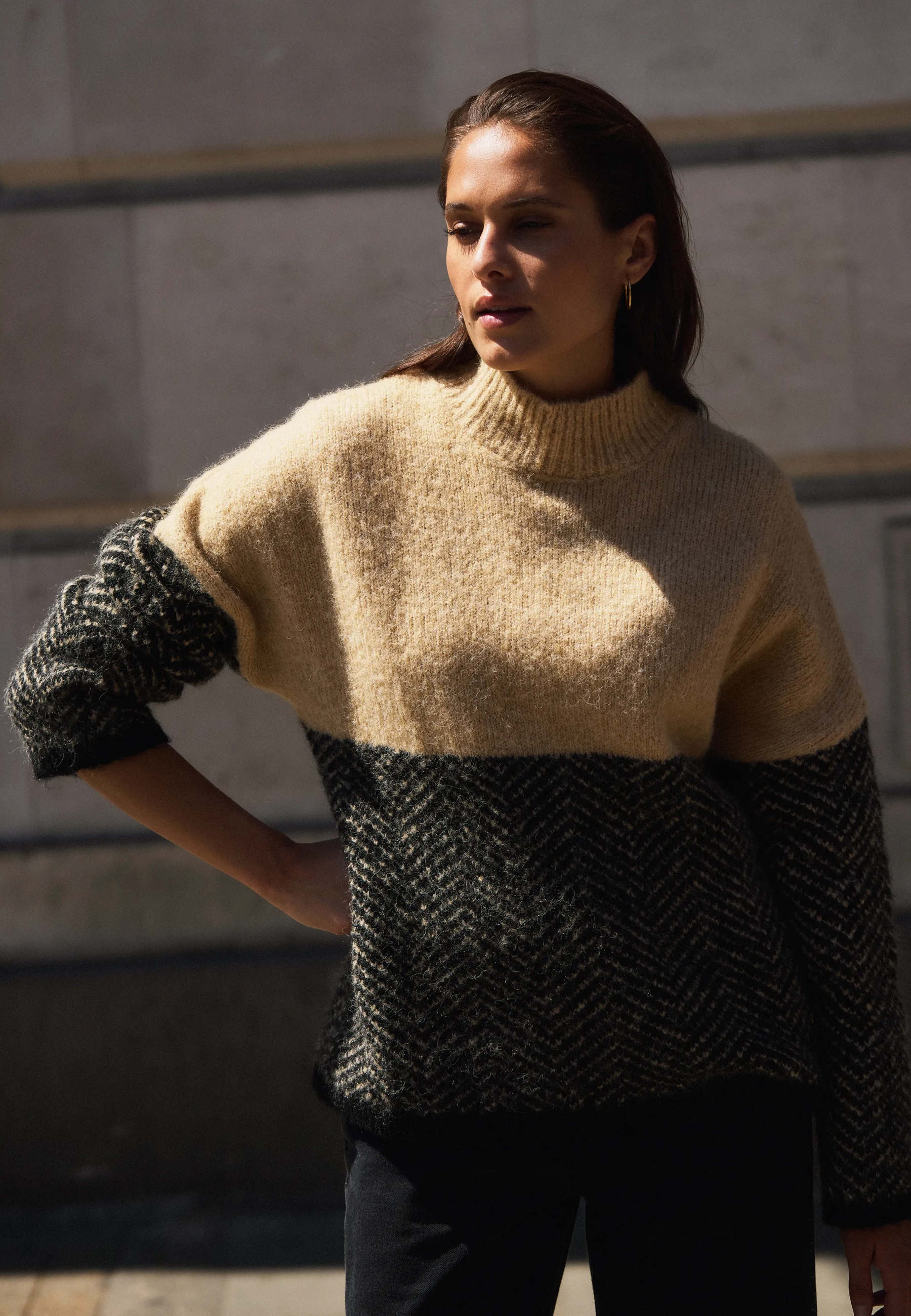Herringbone colpullover Tan