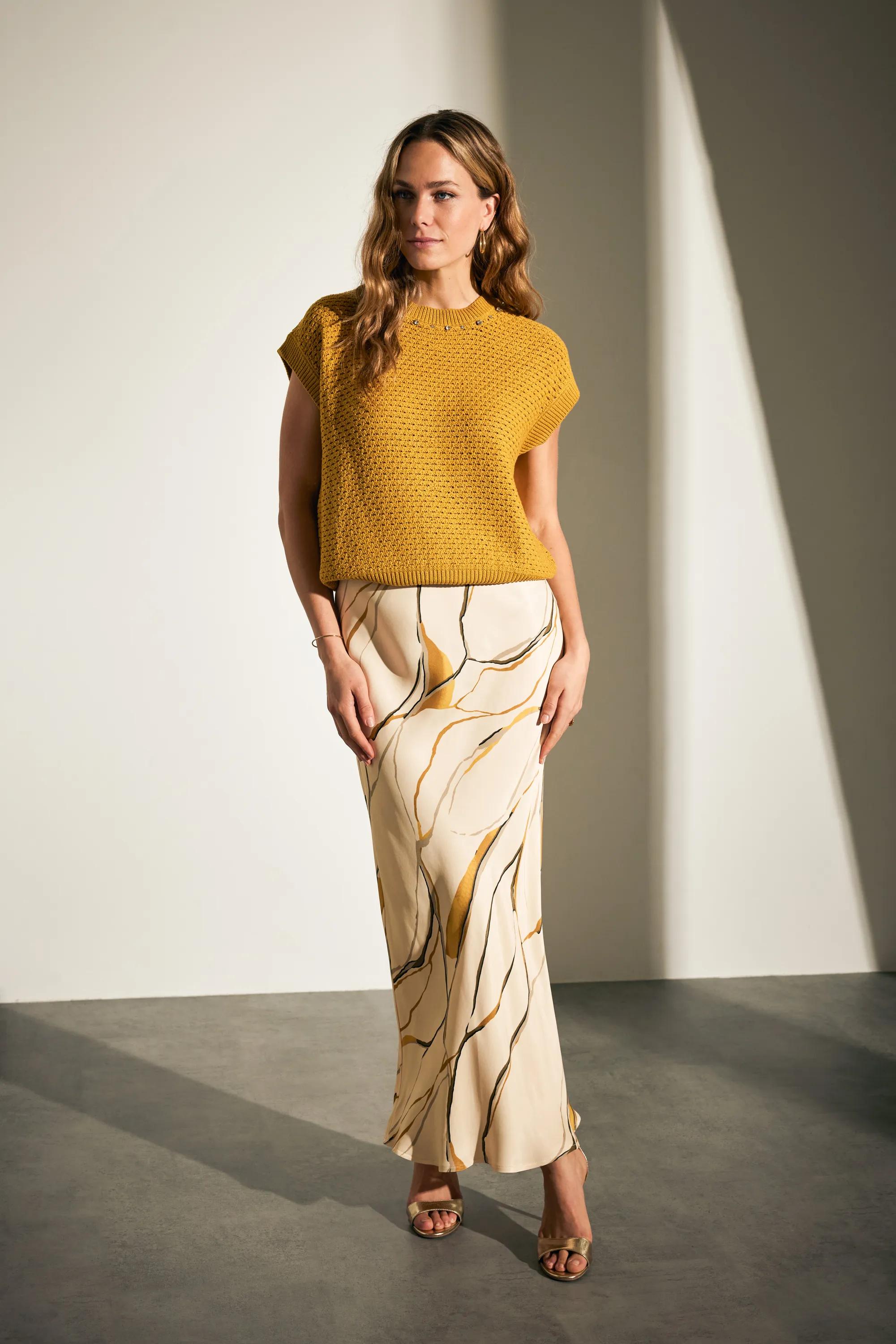Satijn Geprinte Maxi Rok Beige