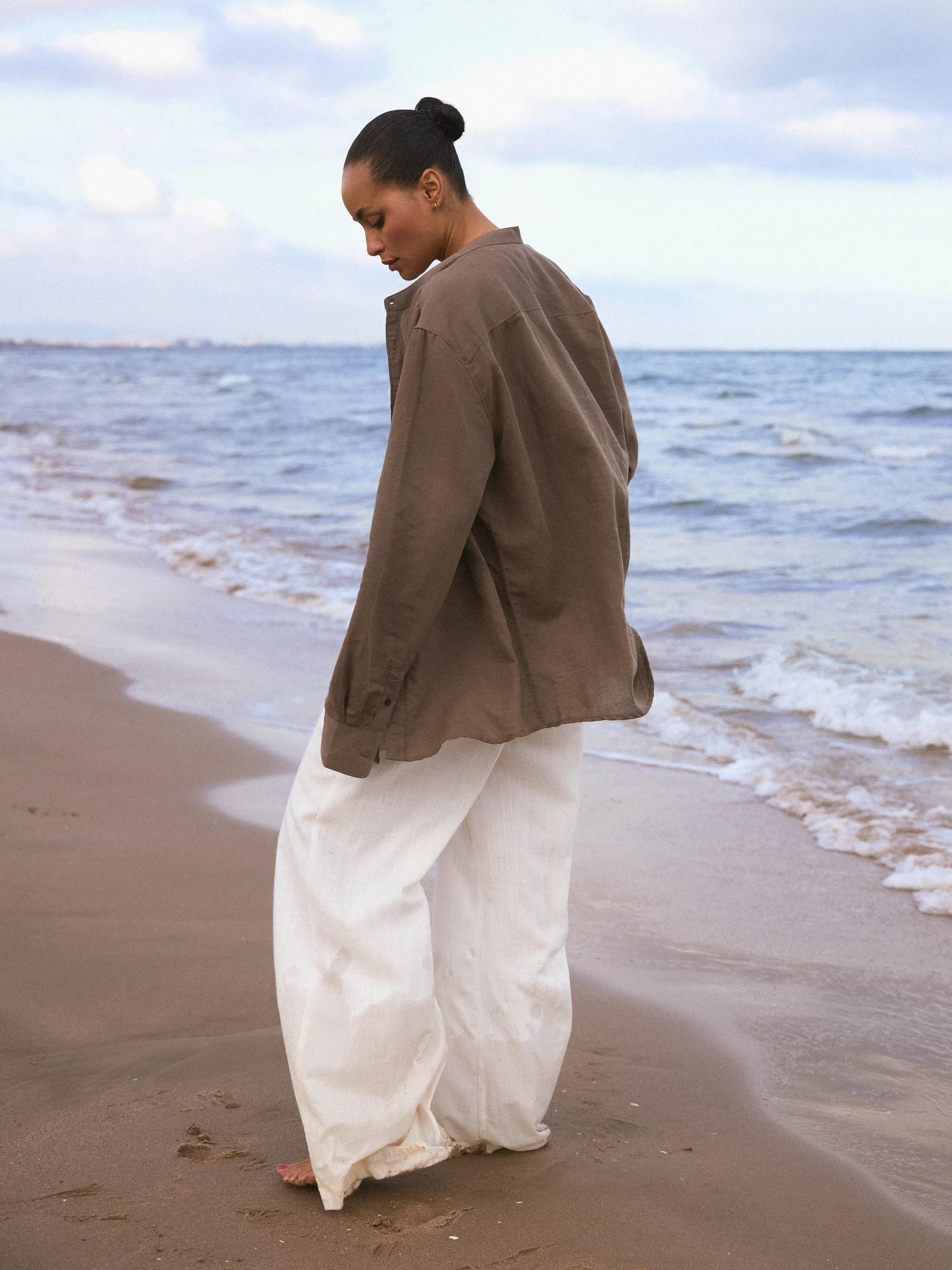 Mao Collar Linen Shirt Mid Brown